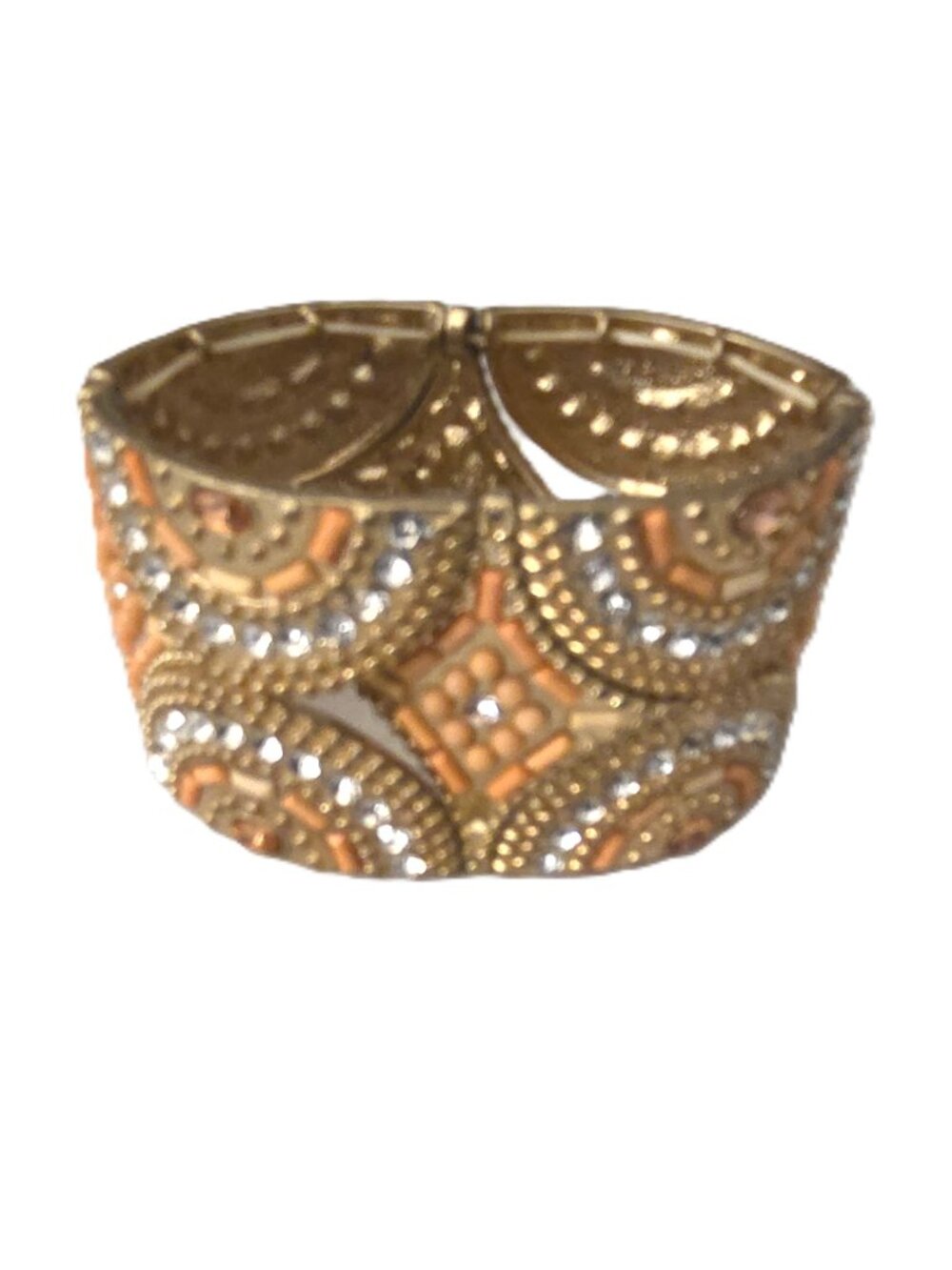 Orange White Gold Tone Wide Statement India Stretch Beaded Bracelet
